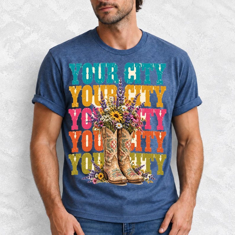 Tan cowboy boots with lavender and wildflowers over a five-line stacked personalized city word in retro colors