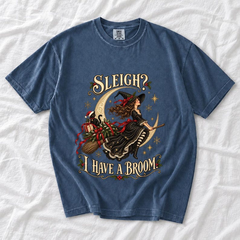 Ведьма на метле везёт ёлку «Sleigh? I Have a Broom.»