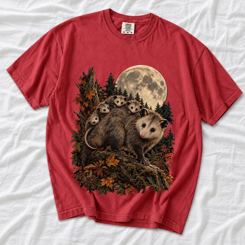 Mother opossum with babies on her back under a full moon and autumn leaves, dark realistic woodland illustration