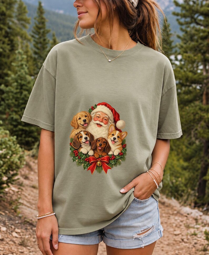 Comfort Colors Santa Puppies Christmas Shirt, Retro Santa Dog Tee, Christmas Dog Lover T-shirt, Dog Mom Santa Shirt Gift