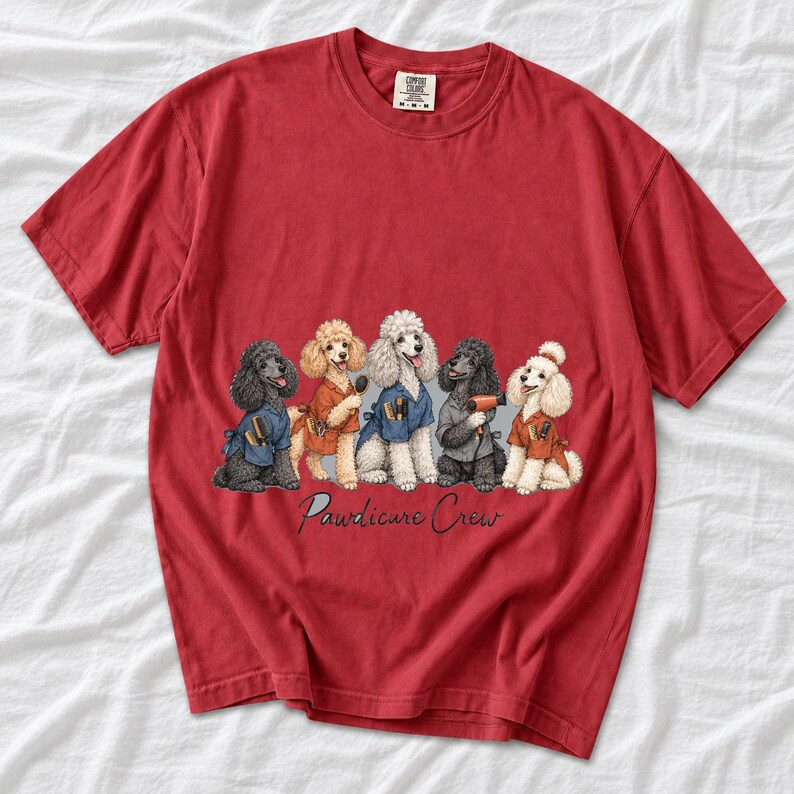 Illustrated poodles in salon smocks with brushes and a hair dryer, text Pawdicure Crew
