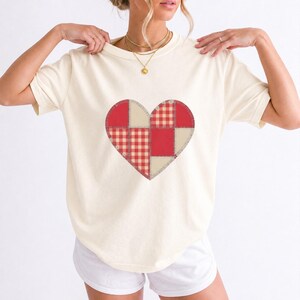 Comfort Colors Gingham Patchwork Heart Shirt, Red Heart Valentine Tee, Red Plaid Heart T-shirt, Valentines Day Heart Shirt Women