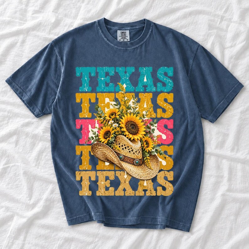 Straw cowboy hat full of sunflowers over a five-line stacked TEXAS word in retro western colors