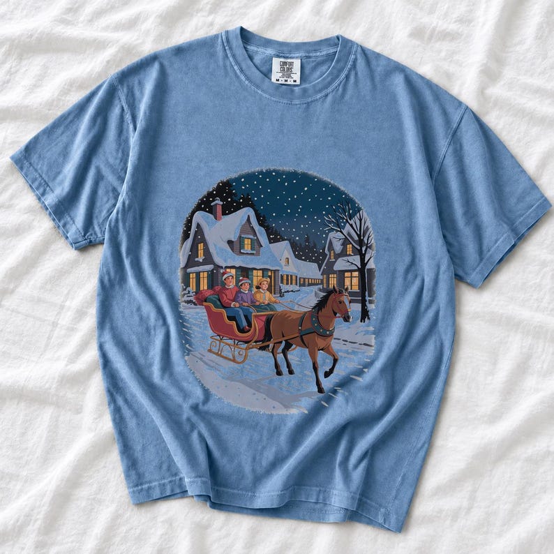 Comfort Colors Horse Sleigh Christmas Shirt, Retro Christmas Village Tee, Snowy Sleigh Ride T-shirt, Christmas Horse Shirt Women, Sleigh Tee
