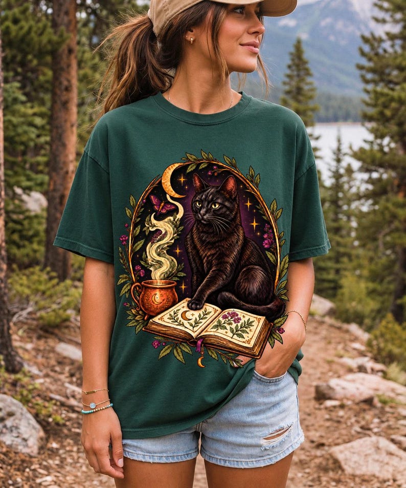 Black cat guarding an open botanical spellbook with a glowing potion cup