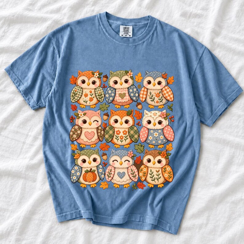 Grid of chubby owls with quilted patchwork wings, acorns and leaves in pumpkin, sage and dusty blue autumn colors