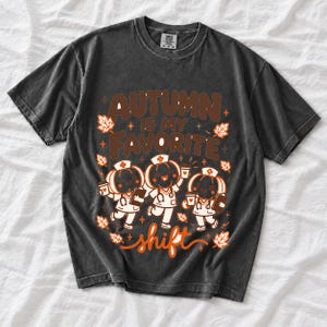 Cute pumpkin characters in nurse caps with clipboards and coffee, text Autumn Is My Favorite Shift