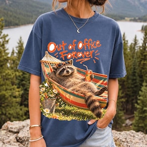 Raccoon relaxing in a hammock with a soda can and sunglasses, 90s film photo style, text "Out of Office Forever"