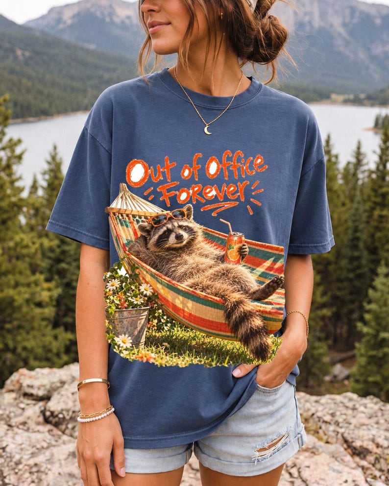 Raccoon relaxing in a hammock with a soda can and sunglasses, 90s film photo style, text "Out of Office Forever"