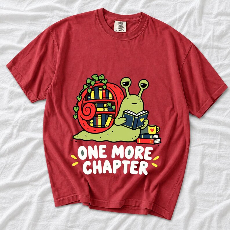Cartoon snail reading a book with a bookshelf shell and the text One More Chapter