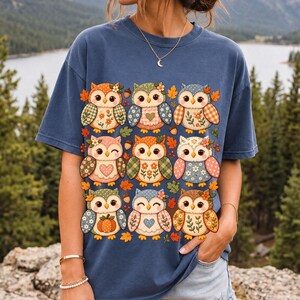 Grid of chubby owls with quilted patchwork wings, acorns and leaves in pumpkin, sage and dusty blue autumn colors