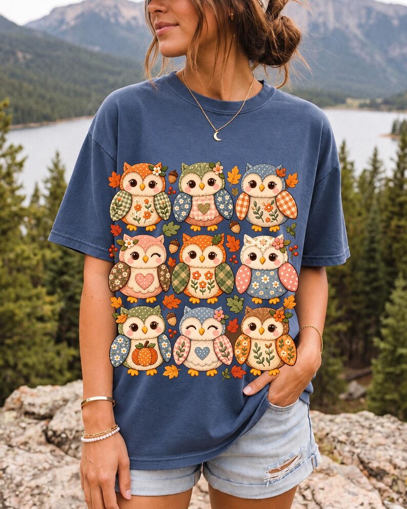 Grid of chubby owls with quilted patchwork wings, acorns and leaves in pumpkin, sage and dusty blue autumn colors