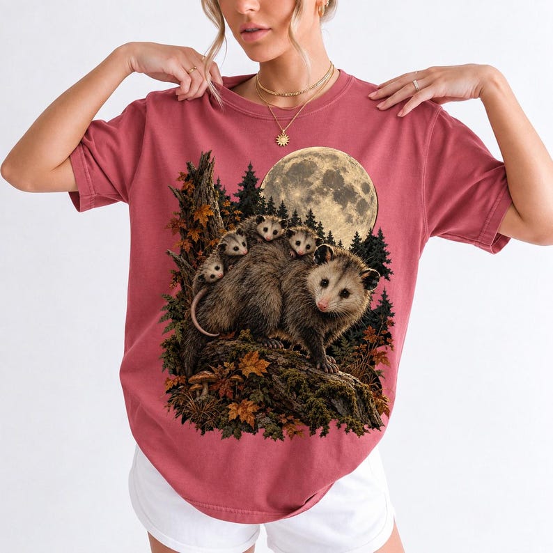 Mother opossum with babies on her back under a full moon and autumn leaves, dark realistic woodland illustration