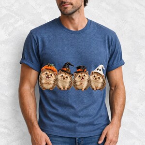 Realistic illustration of four hedgehogs wearing tiny Halloween hats in a row