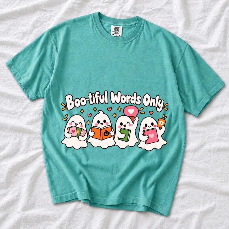 Four kawaii ghosts with flash cards, speech bubbles and books, text Boo-tiful Words Only