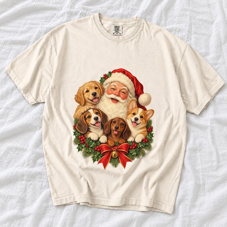 Comfort Colors Santa Puppies Christmas Shirt, Retro Santa Dog Tee, Christmas Dog Lover T-shirt, Dog Mom Santa Shirt Gift