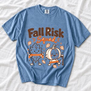 Kawaii leaf and pumpkin characters doing physical therapy with resistance bands and a cane, text Fall Risk Squad