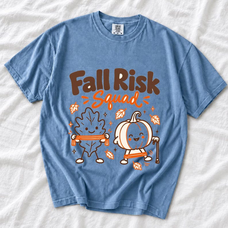 Kawaii leaf and pumpkin characters doing physical therapy with resistance bands and a cane, text Fall Risk Squad