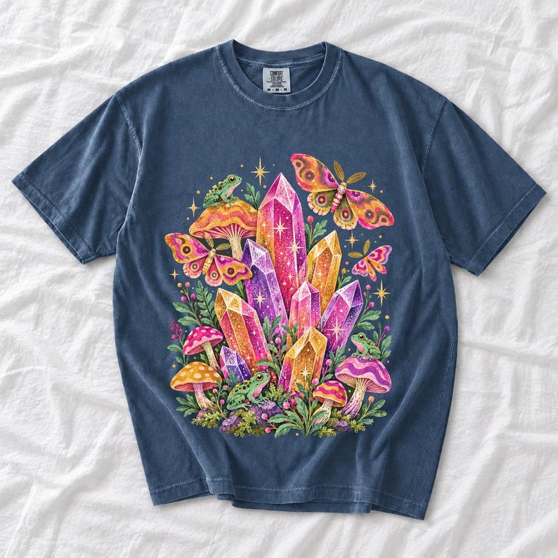 Retro 70s psychedelic glitter crystal cluster with moths and small frogs in pink, mustard, violet and mint