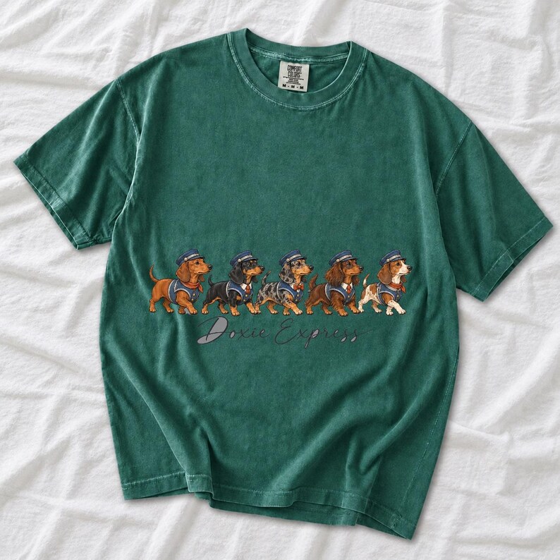 Illustrated dachshunds in conductor hats lined up like a train, text Doxie Express