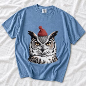 Comfort Colors Owl Santa Hat Shirt, Sketch Owl Christmas Tee, Great Horned Owl Winter T-shirt, Owl Lover Holiday Shirt, Bird Lover Owl Tee