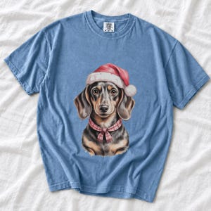 Comfort Colors Dachshund Santa Hat Shirt, Watercolor Doxie Christmas Tee, Dachshund Christmas T-shirt, Doxie Mom Holiday Shirt