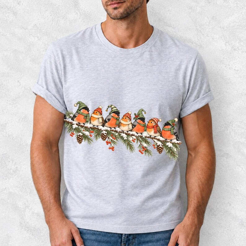 Watercolor bullfinches and robins in elf hats and scarves on a snowy pine branch