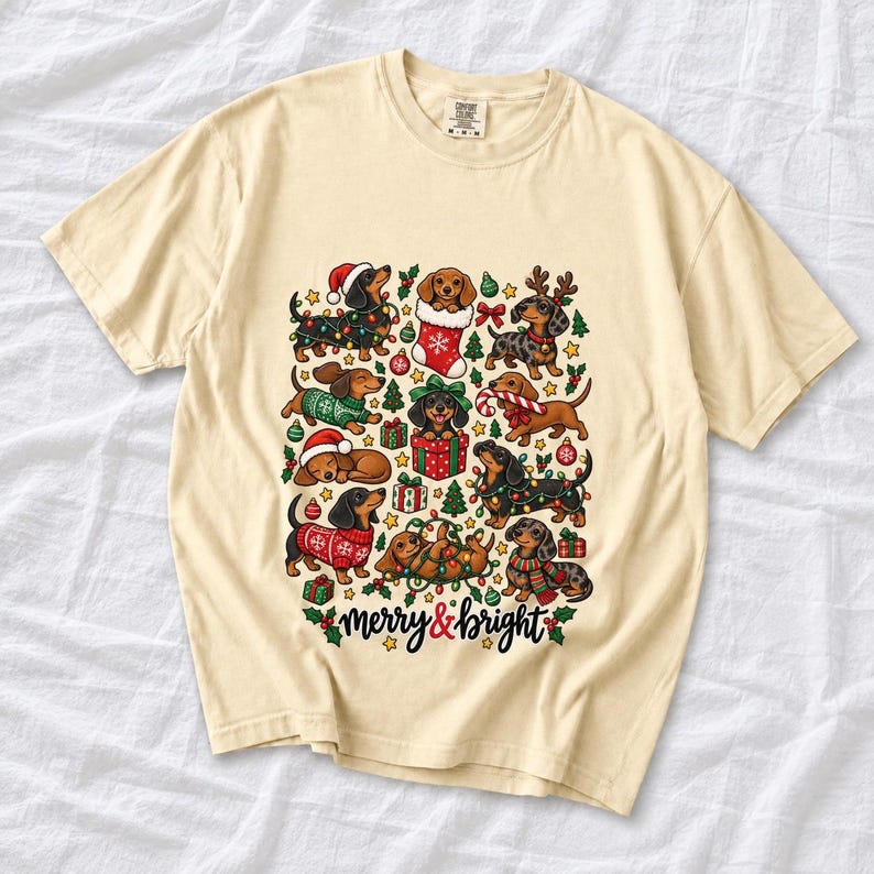 Comfort Colors Merry and Bright Dachshund Shirt, Christmas Doxie Tee, Cute Wiener Dog Christmas T-shirt, Dachshund Mom Holiday Shirt