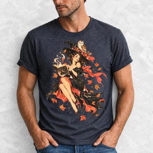Retro 1950s pin-up witch floating while reading a spell book with an owl on her hat, autumn leaves