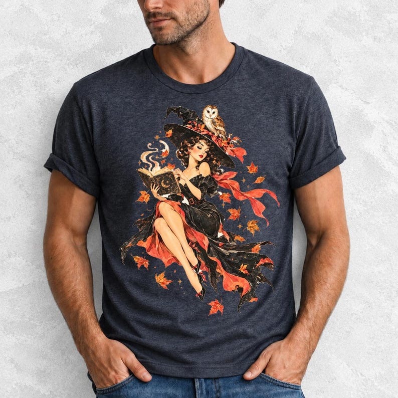 Retro 1950s pin-up witch floating while reading a spell book with an owl on her hat, autumn leaves