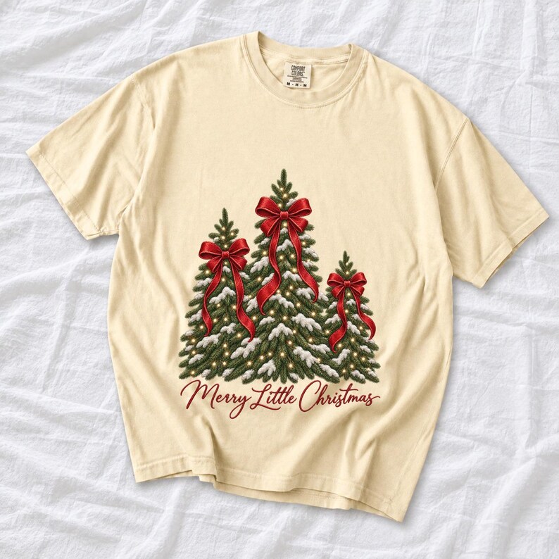 Comfort Colors Christmas Tree Bow Shirt, Coquette Christmas Tree Tee, Snowy Pine Tree T-shirt, Red Bow Christmas Shirt Women