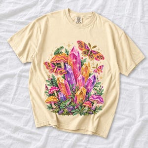 Retro 70s psychedelic glitter crystal cluster with moths and small frogs in pink, mustard, violet and mint