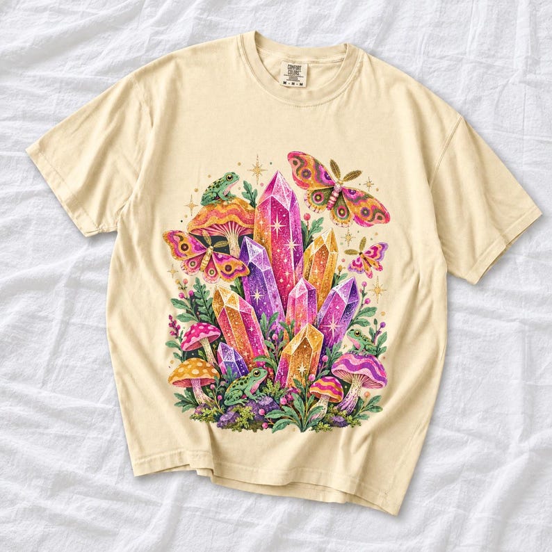 Retro 70s psychedelic glitter crystal cluster with moths and small frogs in pink, mustard, violet and mint