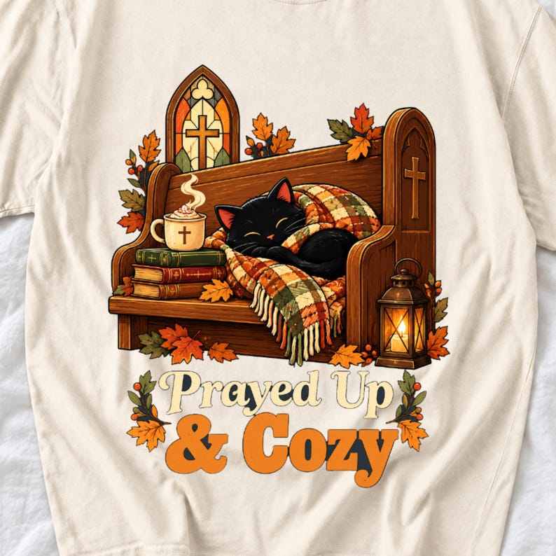Black cat curled on a church pew with blanket and cocoa among autumn leaves, text "Prayed Up & Cozy", retro illustration