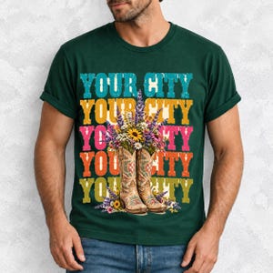Tan cowboy boots with lavender and wildflowers over a five-line stacked personalized city word in retro colors