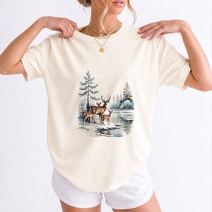 Comfort Colors Winter Deer Family Shirt, Watercolor Deer Tee, Snowy Lake Deer T-shirt, Nature Lover Winter Shirt, Deer Lover Gift Tee