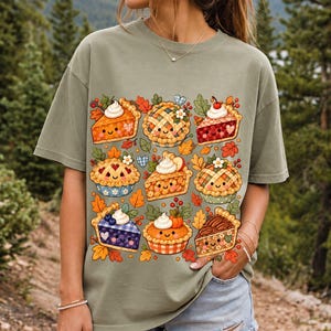 Grid of cute pie slices and mini pies with faces, lattice crusts and autumn leaves in patchwork sticker style
