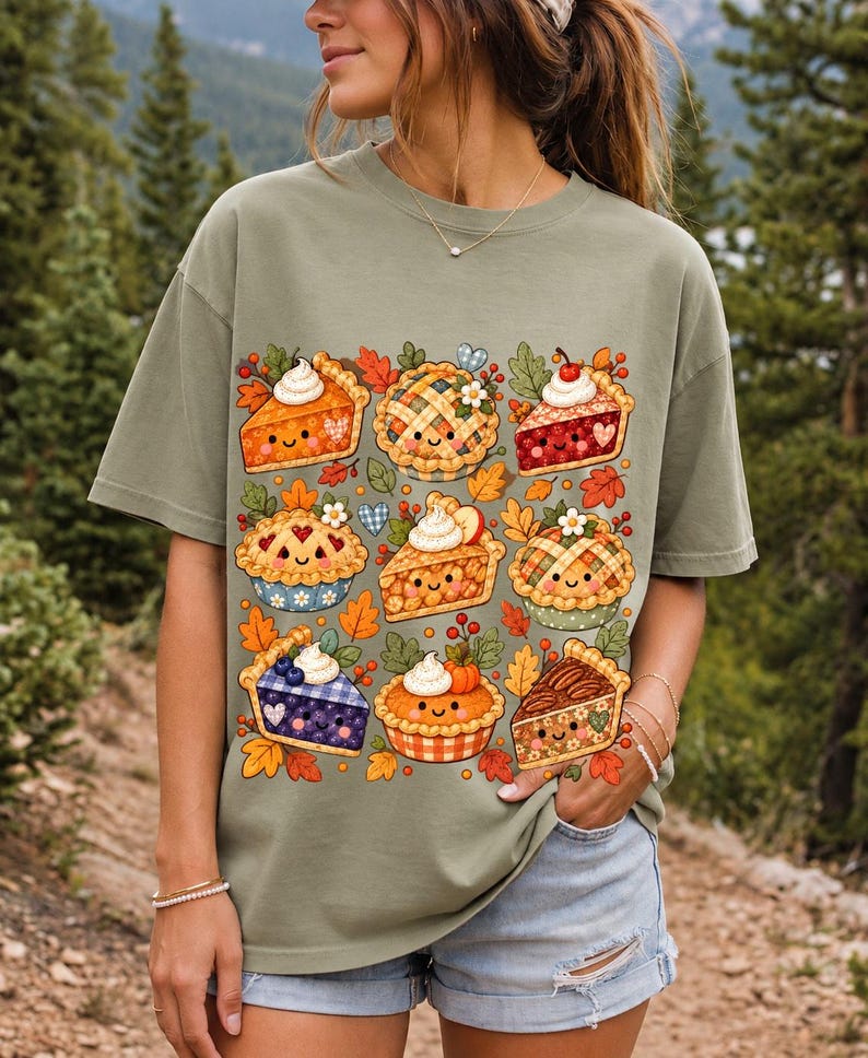 Grid of cute pie slices and mini pies with faces, lattice crusts and autumn leaves in patchwork sticker style
