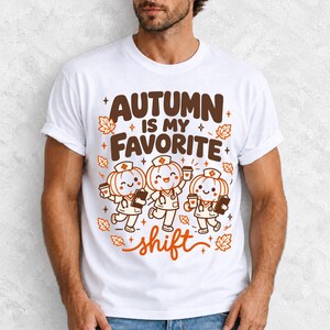Cute pumpkin characters in nurse caps with clipboards and coffee, text Autumn Is My Favorite Shift