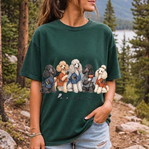 Illustrated poodles in salon smocks with brushes and a hair dryer, text Pawdicure Crew