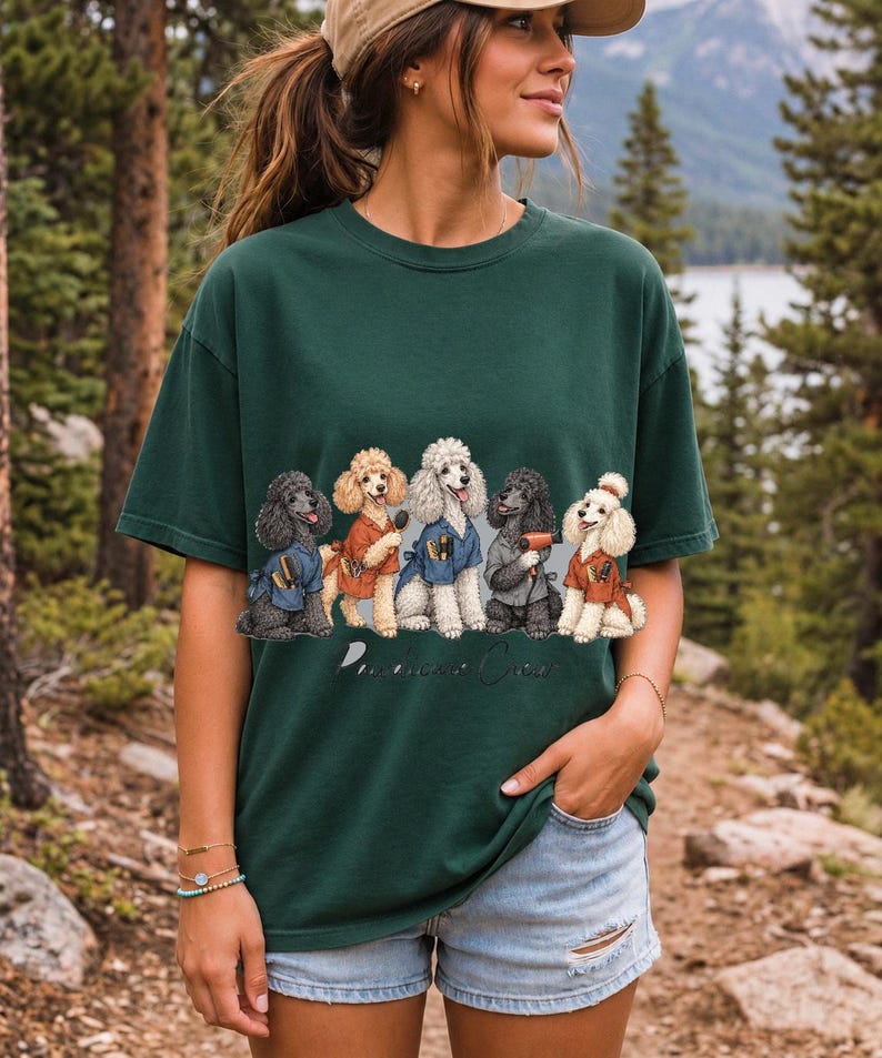 Illustrated poodles in salon smocks with brushes and a hair dryer, text Pawdicure Crew