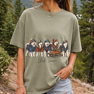 Illustrated huskies in ski gear lined up with a sled, text Sled Team