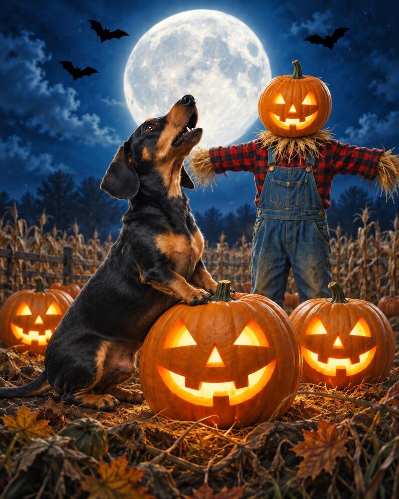 Dachshund Halloween Canvas, Moonlit Pumpkin Doxie Wall Art, Framed Wiener Dog Canvas, Spooky Dachshund Canvas Print image 4