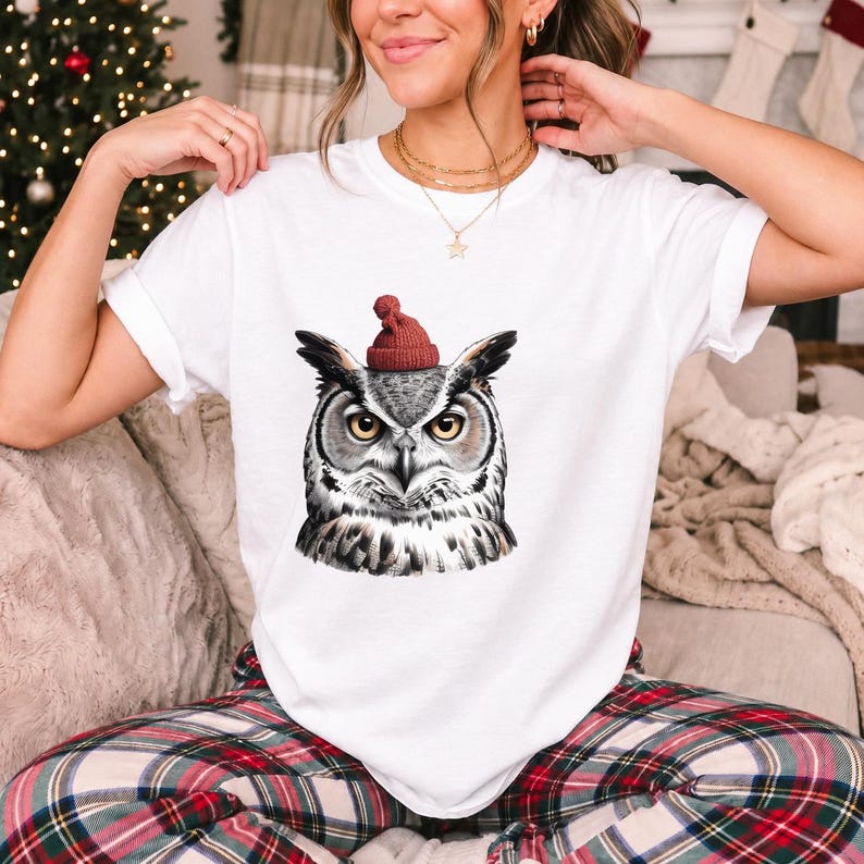 Comfort Colors Owl Santa Hat Shirt, Sketch Owl Christmas Tee, Great Horned Owl Winter T-shirt, Owl Lover Holiday Shirt, Bird Lover Owl Tee