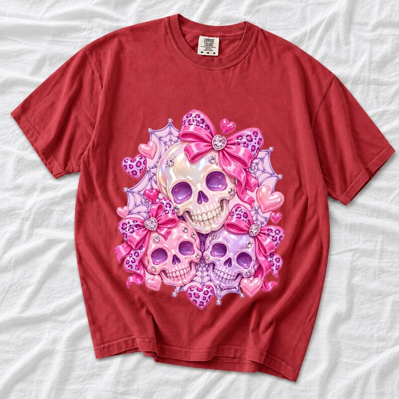 Puffy glossy 3D pink skulls with bows, hearts, cobwebs and rhinestones in coquette style