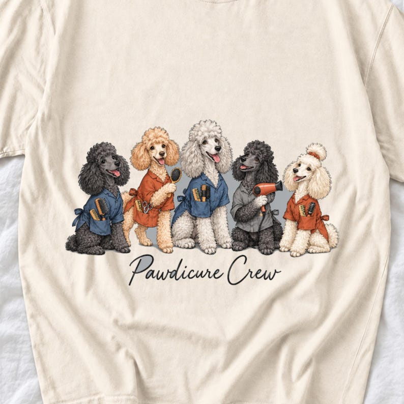 Illustrated poodles in salon smocks with brushes and a hair dryer, text Pawdicure Crew