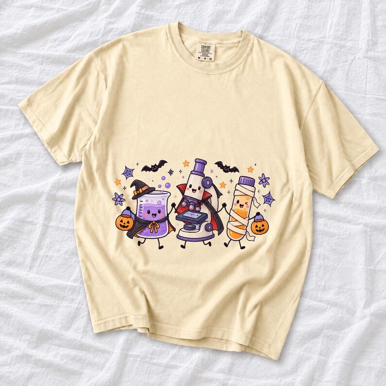 Kawaii beaker, microscope and test tube with faces in Halloween costumes, pastel purple and orange