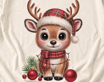 Comfort Colors Baby Reindeer Christmas Shirt, Cute Reindeer Santa Hat Tee, Christmas Reindeer T-shirt, Plaid Reindeer Holiday Shirt