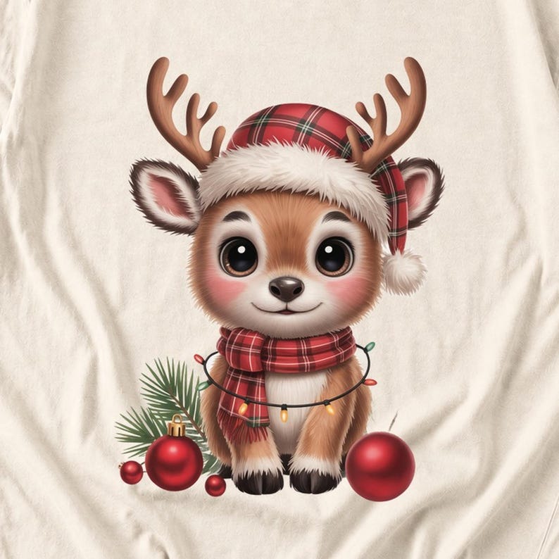 Comfort Colors Baby Reindeer Christmas Shirt, Cute Reindeer Santa Hat Tee, Christmas Reindeer T-shirt, Plaid Reindeer Holiday Shirt
