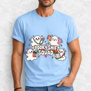Four kawaii ghosts with stethoscope, bandages, coffee and clipboard, text Spooky Shift Squad